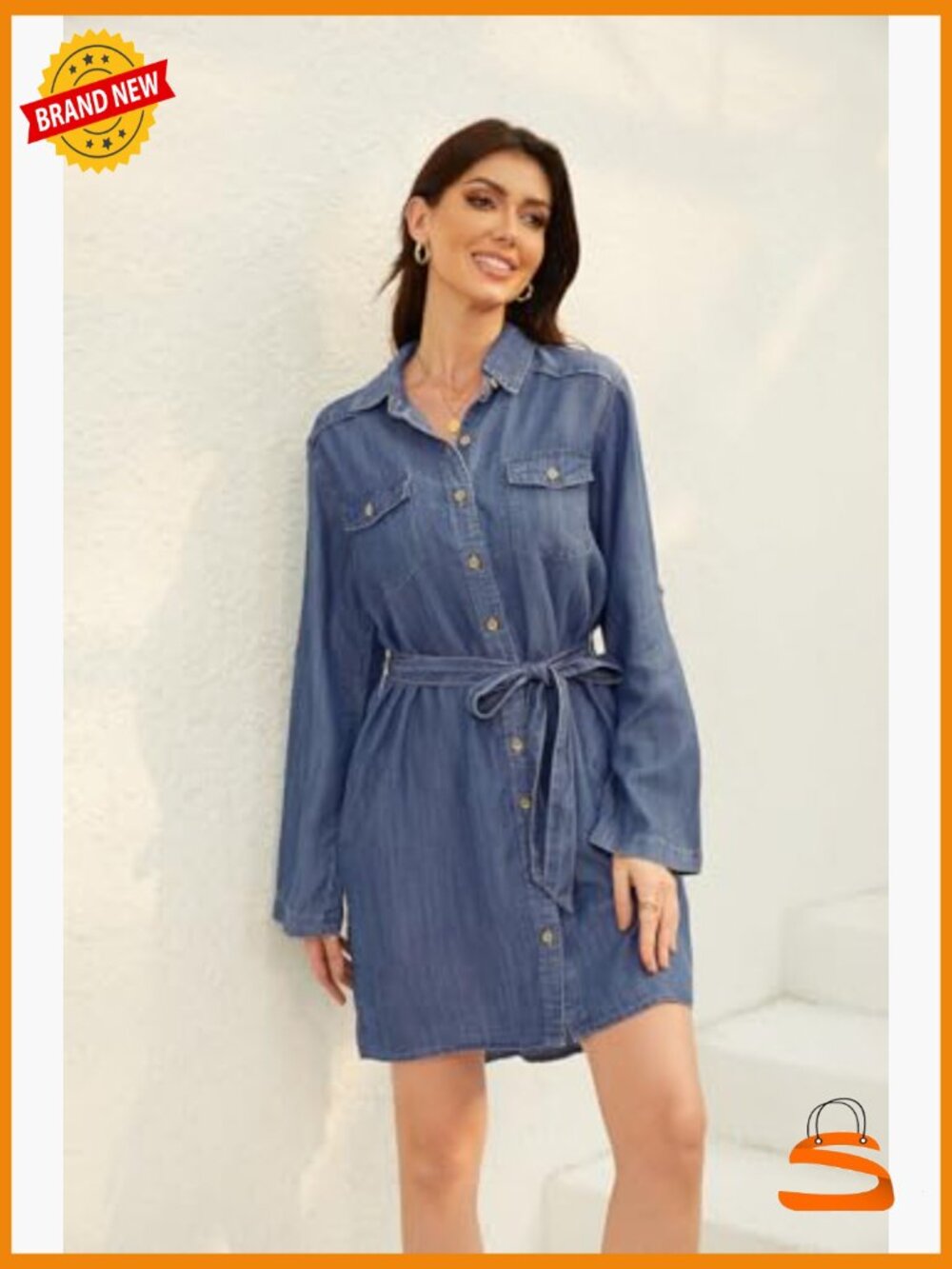 Women's Casual Button Down Jean Shirt Dress Long Sleeve Tie Waist Lightweight - Picture 3 of 7